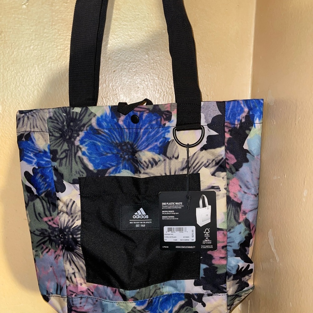 Adidas Black and Multicolor Floral Tote